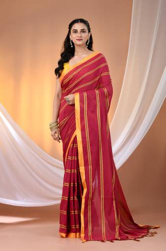 Pink cotton handspun soft saree with ziczac pattern