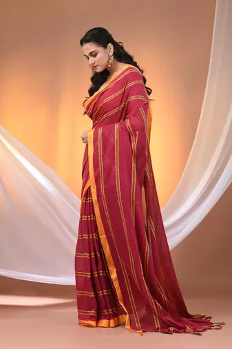 Pink cotton handspun soft saree with ziczac pattern
