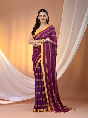 Purple cotton handspun soft saree with ziczac pattern 1