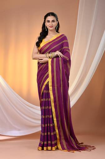 Purple cotton handspun soft saree with ziczac pattern