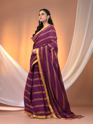 Purple cotton handspun soft saree with ziczac pattern 2