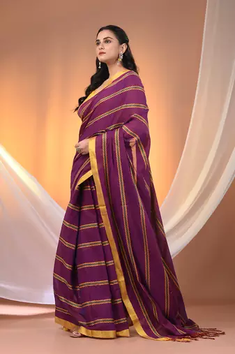 Purple cotton handspun soft saree with ziczac pattern