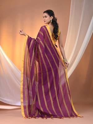 Purple cotton handspun soft saree with ziczac pattern 3