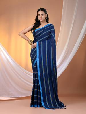Midnight blue cotton handspun soft saree with ziczac pattern 1