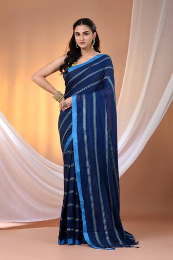 Midnight blue cotton handspun soft saree with ziczac pattern