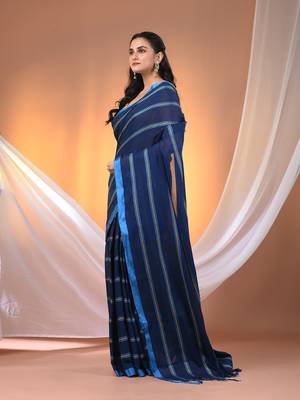 Midnight blue cotton handspun soft saree with ziczac pattern 2