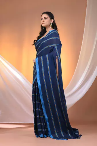 Midnight blue cotton handspun soft saree with ziczac pattern