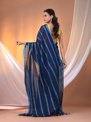 Midnight blue cotton handspun soft saree with ziczac pattern 3