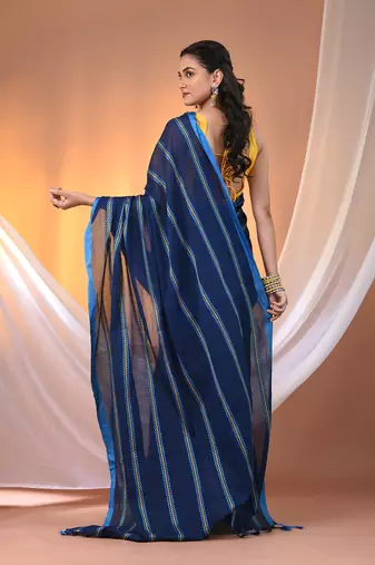 Midnight blue cotton handspun soft saree with ziczac pattern