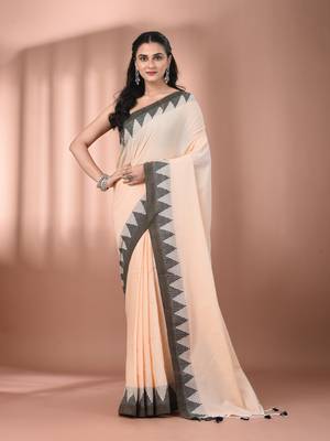 Beige cotton handspun soft saree with tample borders 1