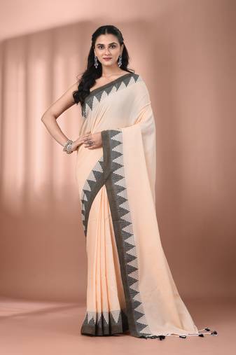Beige cotton handspun soft saree with tample borders