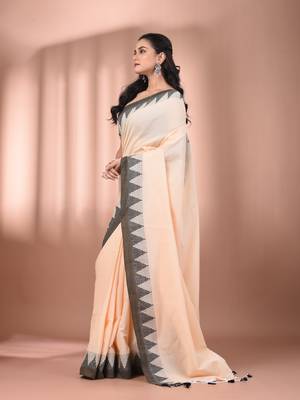 Beige cotton handspun soft saree with tample borders 2