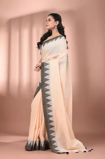 Beige cotton handspun soft saree with tample borders