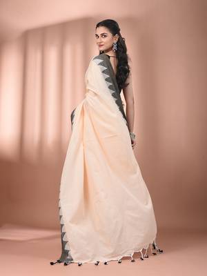 Beige cotton handspun soft saree with tample borders 3