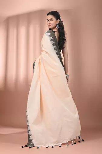 Beige cotton handspun soft saree with tample borders