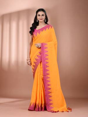 Yellow cotton handspun soft saree with tample borders 1
