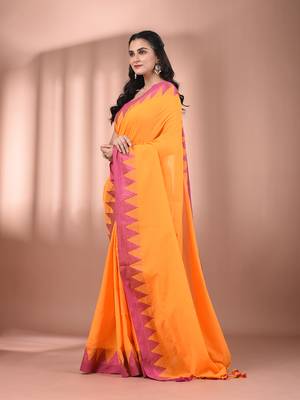 Yellow cotton handspun soft saree with tample borders 2