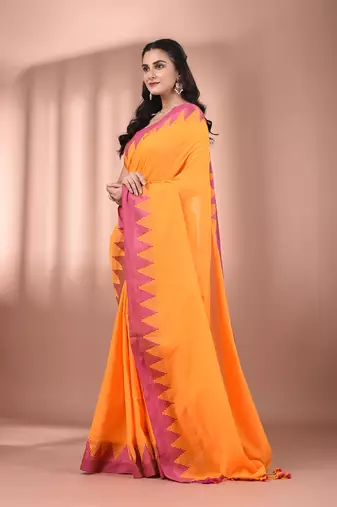 Yellow cotton handspun soft saree with tample borders