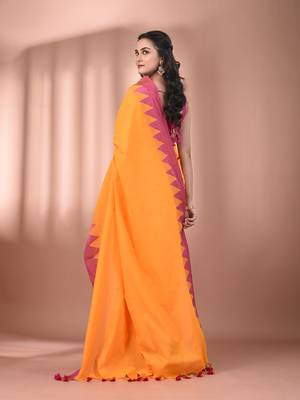 Yellow cotton handspun soft saree with tample borders 3