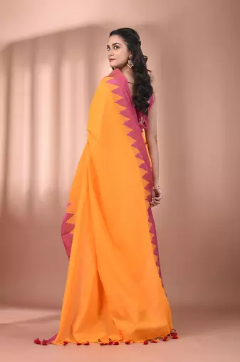 Yellow cotton handspun soft saree with tample borders