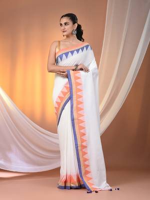 White cotton handspun soft saree with tample borders 1