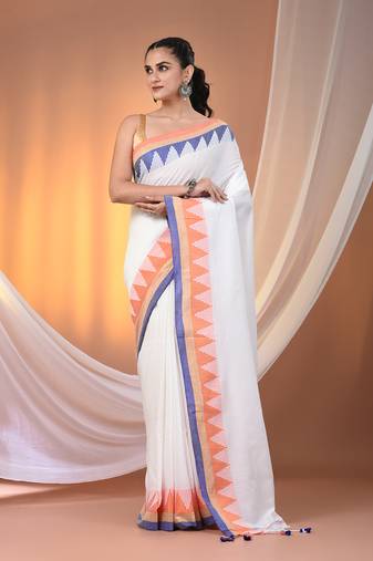 White cotton handspun soft saree with tample borders