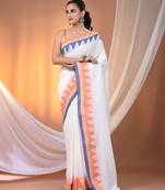 White cotton handspun soft saree with tample borders