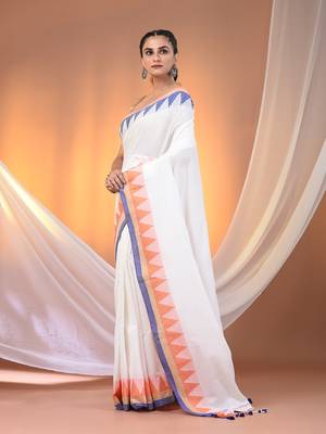 White cotton handspun soft saree with tample borders 2