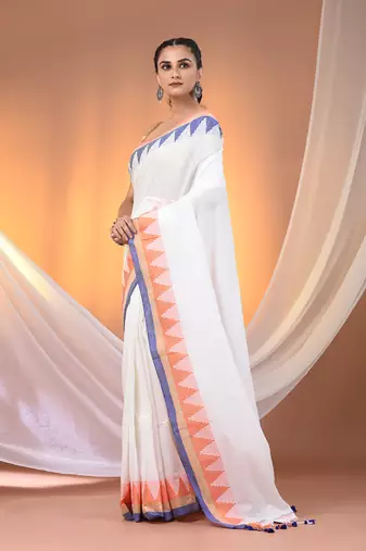 White cotton handspun soft saree with tample borders