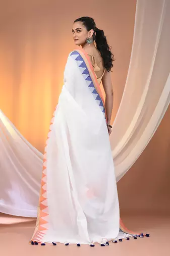 White cotton handspun soft saree with tample borders