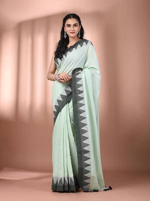 Tea green cotton handspun soft saree with tample borders 1
