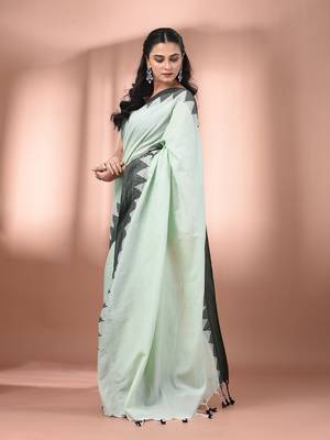 Tea green cotton handspun soft saree with tample borders 2