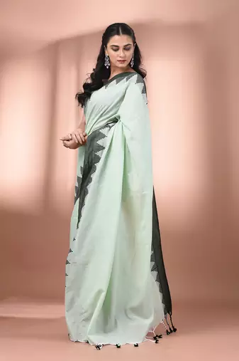 Tea green cotton handspun soft saree with tample borders