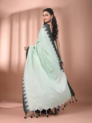 Tea green cotton handspun soft saree with tample borders 3