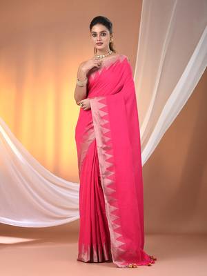 Pink cotton handspun soft saree with tample borders 1