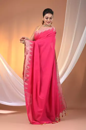 Pink cotton handspun soft saree with tample borders