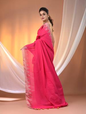 Pink cotton handspun soft saree with tample borders 3