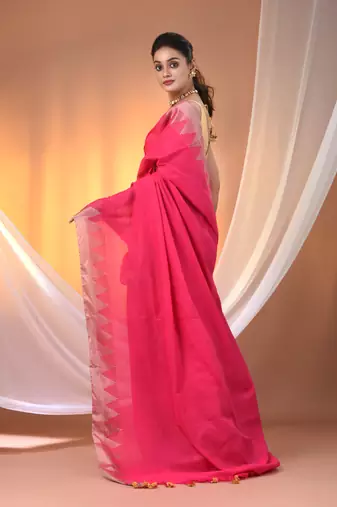 Pink cotton handspun soft saree with tample borders