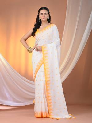 White cotton handspun soft saree with tample borders 1