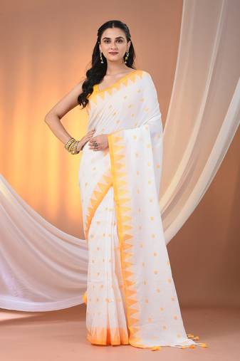 White cotton handspun soft saree with tample borders
