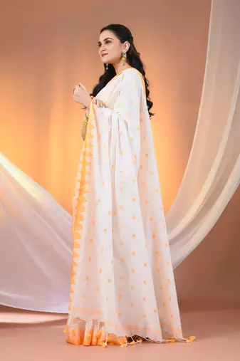 White cotton handspun soft saree with tample borders