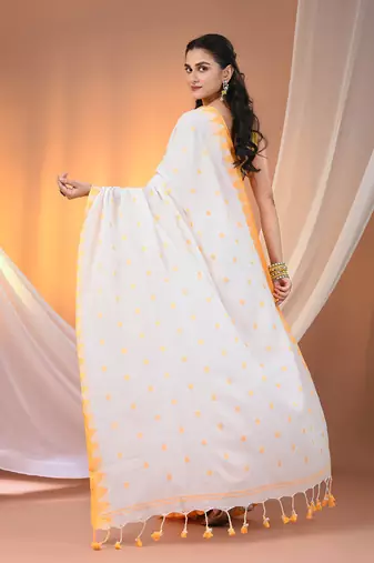 White cotton handspun soft saree with tample borders