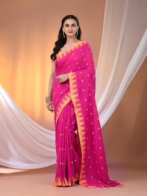 Pink cotton handspun soft saree with tample borders 1