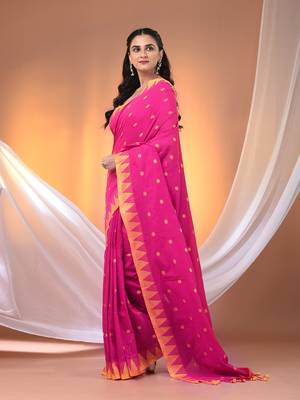 Pink cotton handspun soft saree with tample borders 2