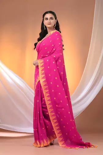 Pink cotton handspun soft saree with tample borders