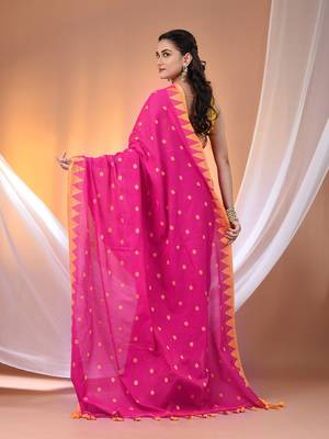 Pink cotton handspun soft saree with tample borders 3