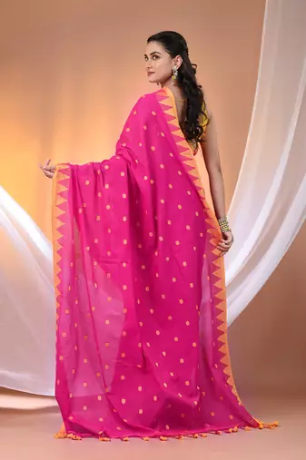 Pink cotton handspun soft saree with tample borders