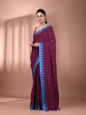 Magenta cotton handspun soft saree with tample borders 1