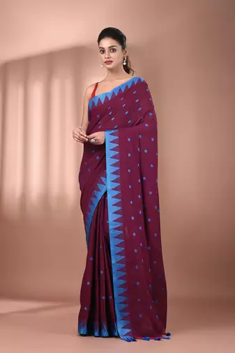 Magenta cotton handspun soft saree with tample borders