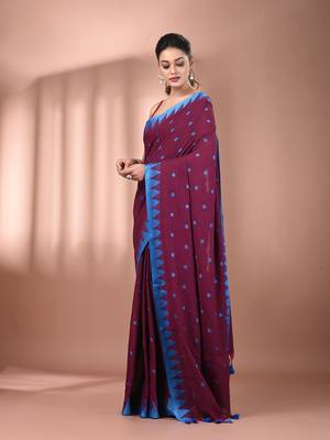 Magenta cotton handspun soft saree with tample borders 2
